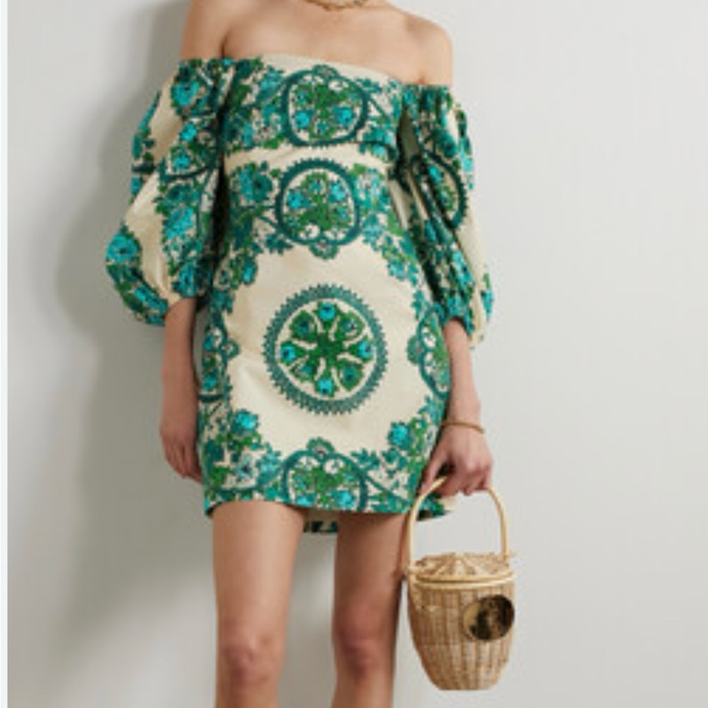 Cara Cara Off-Shoulder Green and Cream Mini Dress